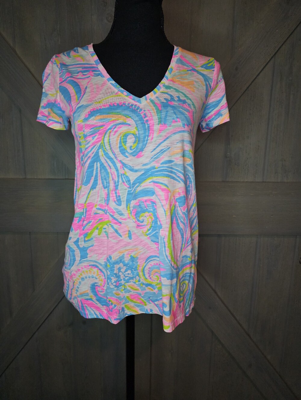 Lilly Pulitzer Women's Multicolor Swirl Print V-Neck Short Sleeve Top XXS